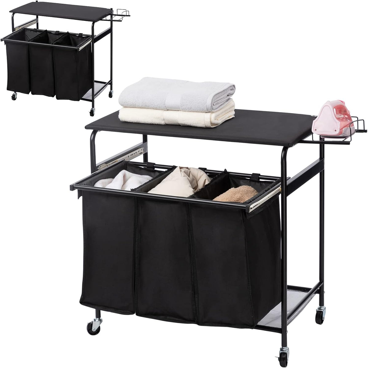 Laundry Sorter Cart with Ironing Board Rack, 3 Bags, 4 Wheels, Black E81794
