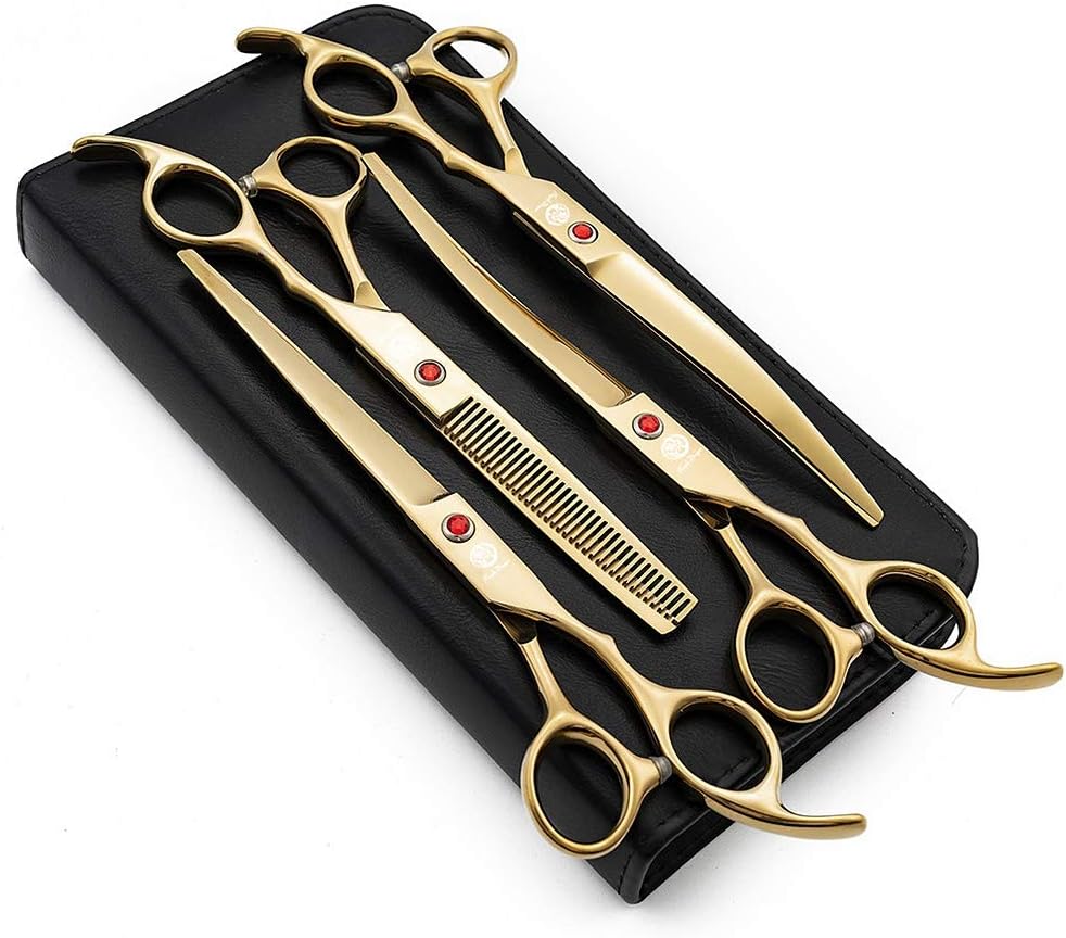 7.0 inch 4PCS Pet Grooming Scissors Kit Japan Premium Steel Straight & Curved & Thinning Blade Shears Set with Case N113