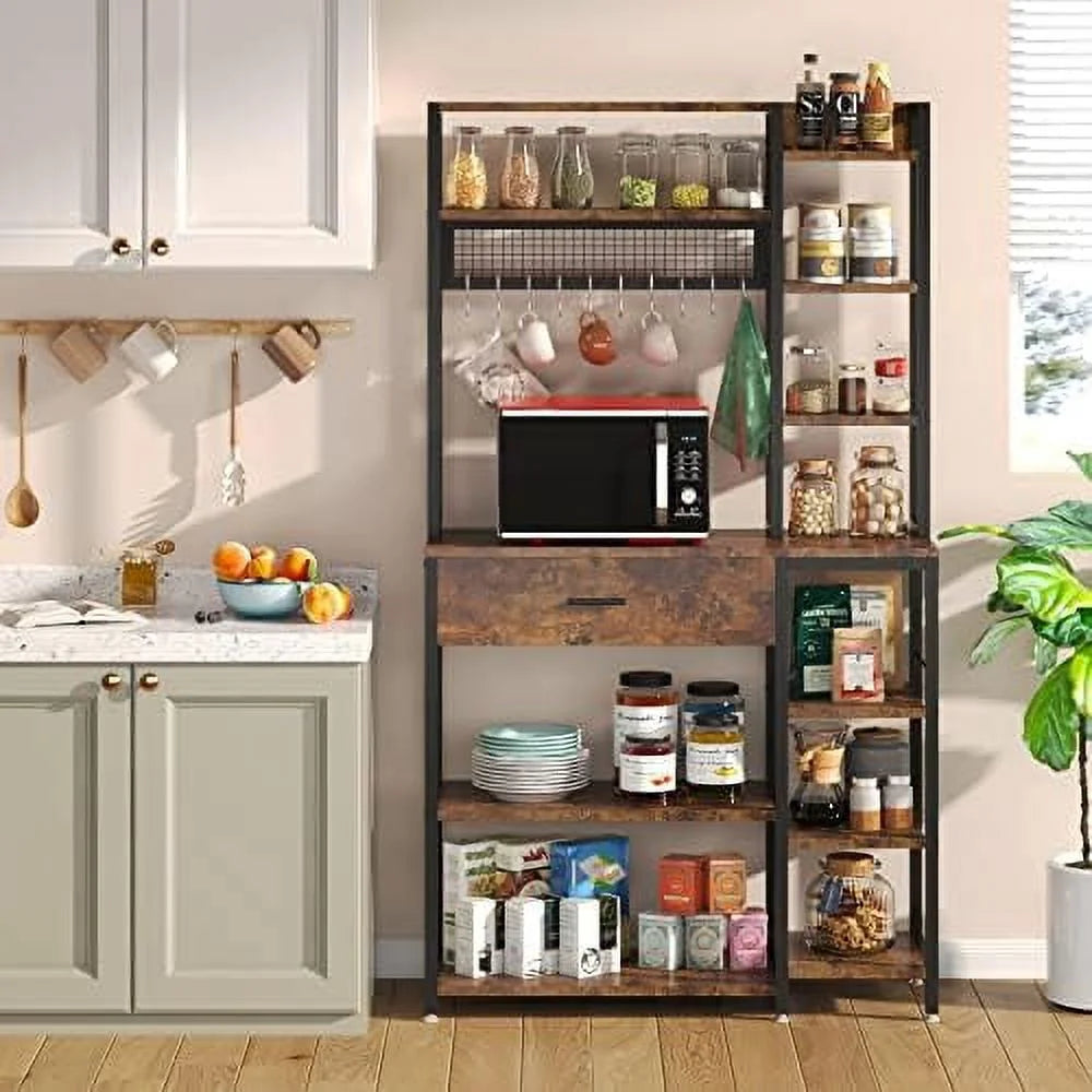 Baker's Rack with Drawer, 70.9 inch, 5-Tier+6-Tier Microwave Stand with 10 Hooks (Rustic Brown) L406579