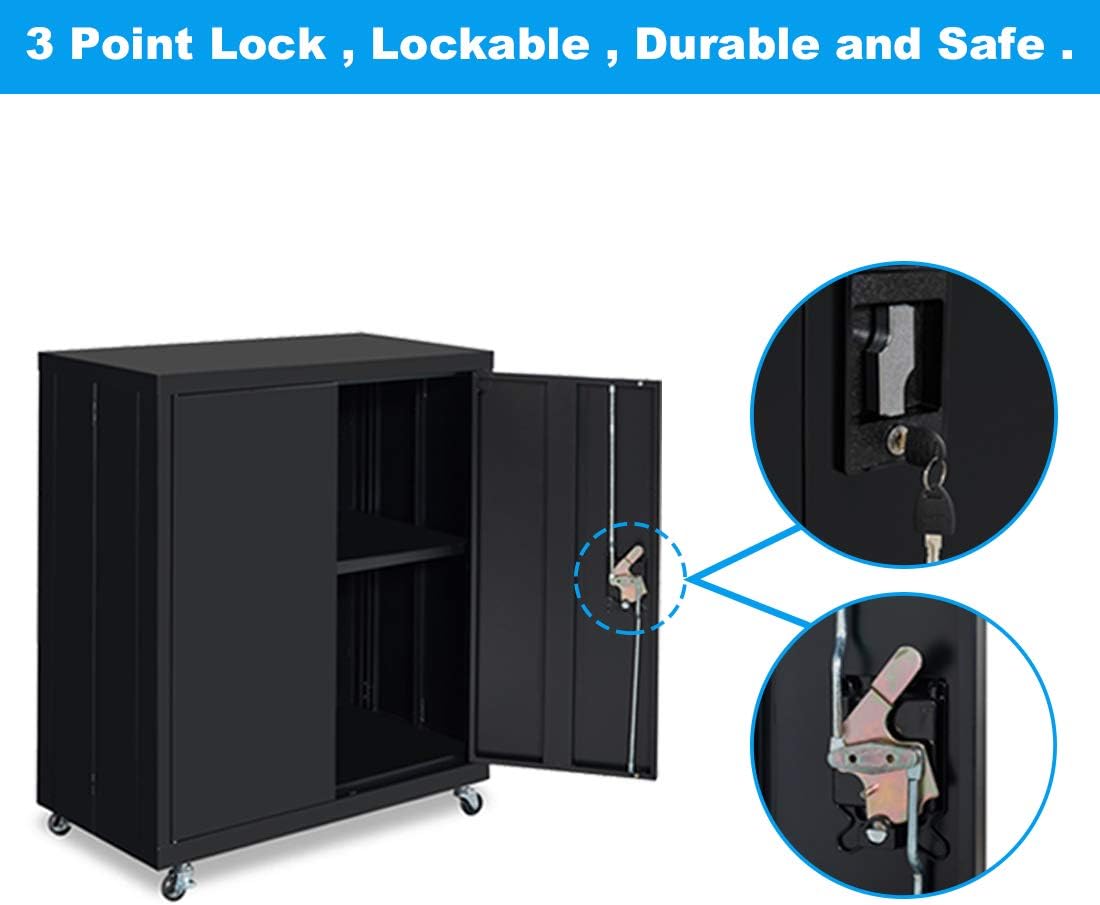 Metal Storage Cabinet with Locking Doors and Wheels, Black U123294