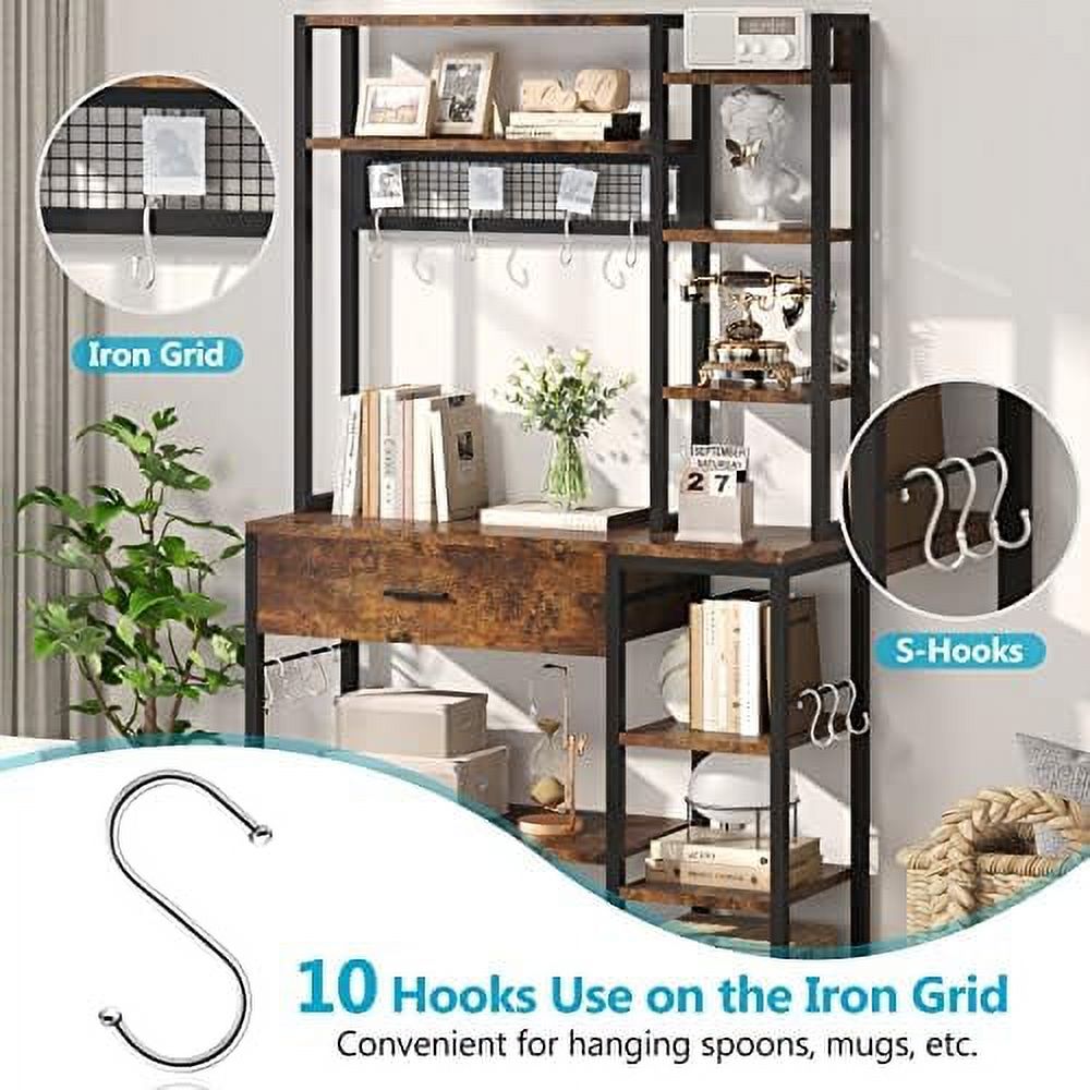 Baker's Rack with Drawer, 70.9 inch, 5-Tier+6-Tier Microwave Stand with 10 Hooks (Rustic Brown) L406579