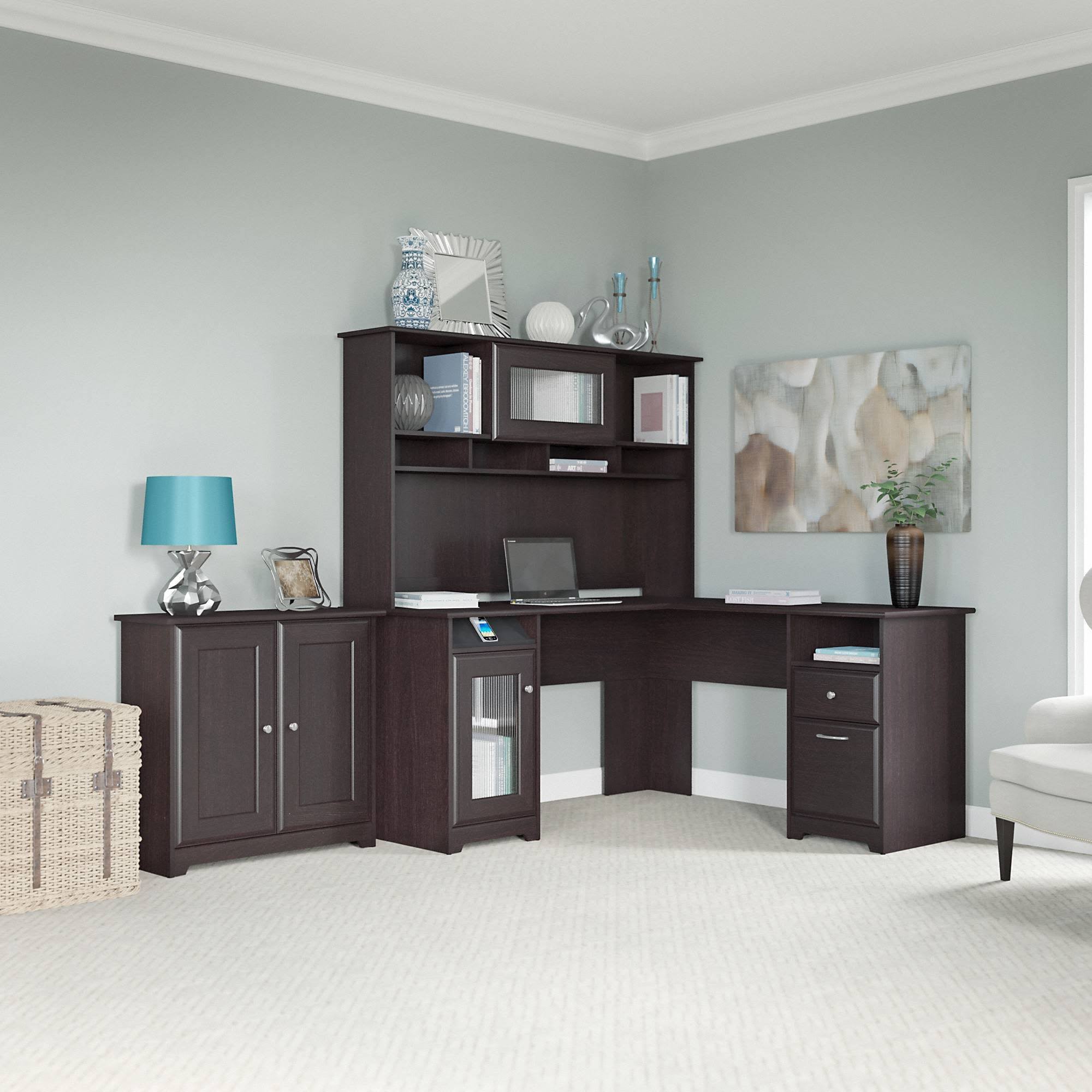 L Shaped Desk with Hutch and Low Storage Cabinet O5639