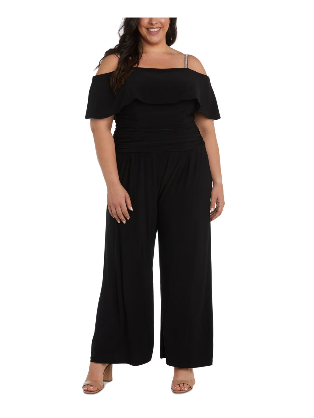 Black Ruched Zippered Wide Leg Jumpsuit Plus 22W D855