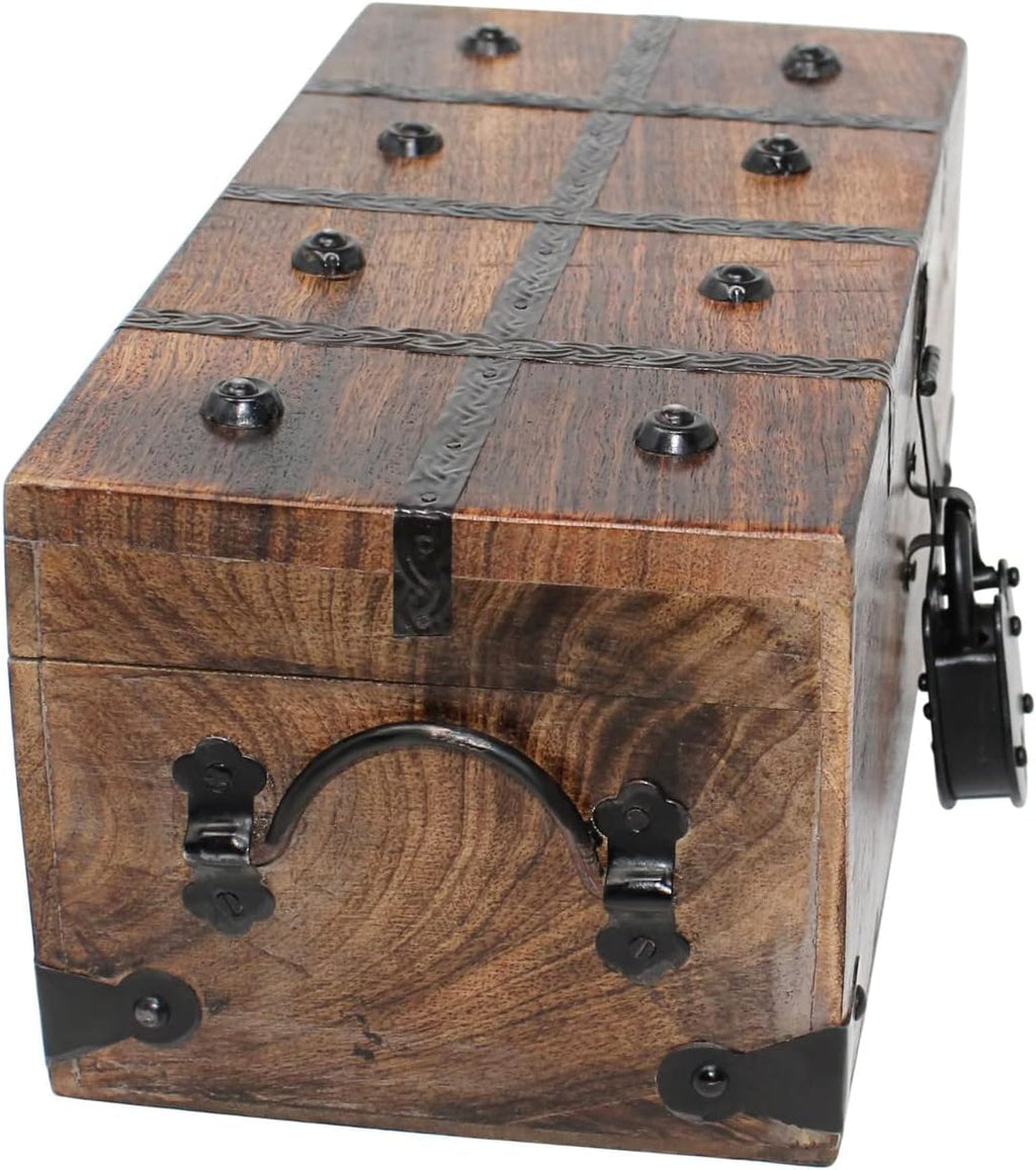 Treasure Chest Wooden Box with Antique Iron Lock and Skeleton Key G76183