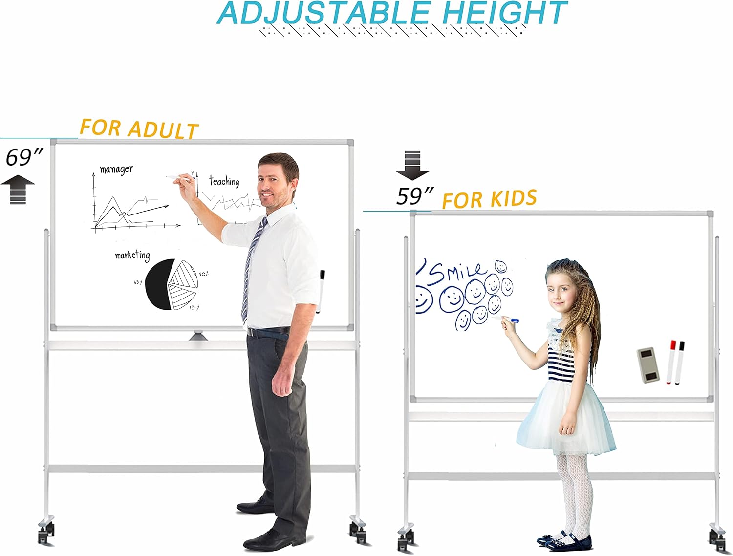 32 x 48 Inches Double Sided Height Adjustable Rolling White Board with Casters I599248