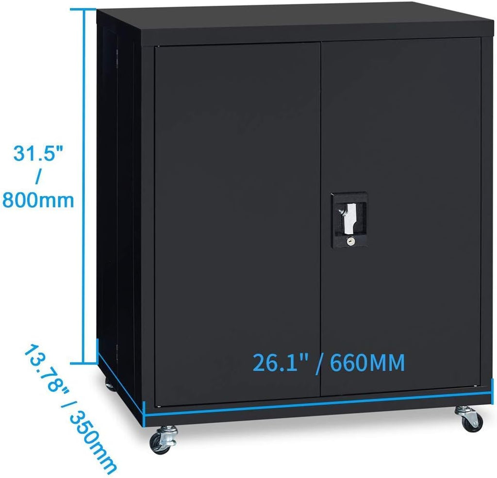 Metal Storage Cabinet with Locking Doors and Wheels, Black U123294
