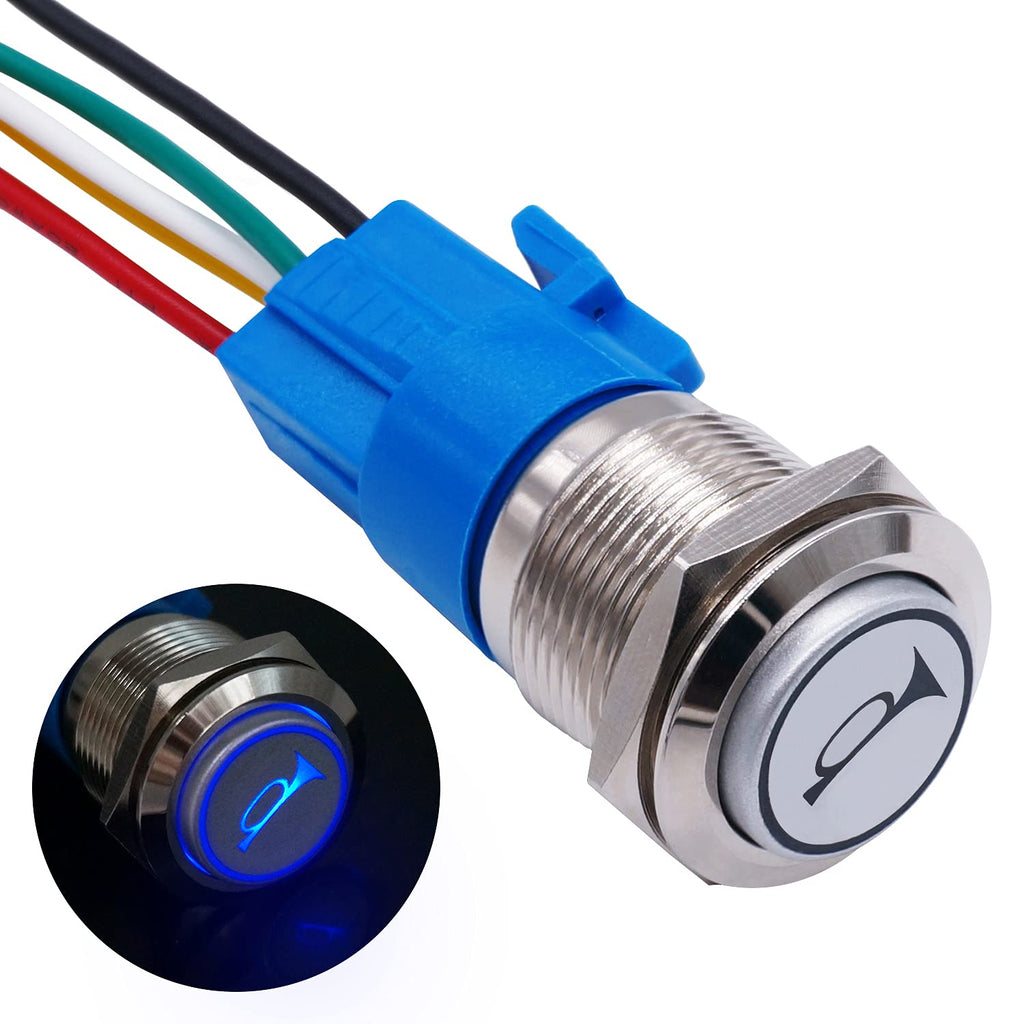16MM 12V Car Horn Push Button Blue LED Lighted Momentary Metal Toggle Switch M99663
