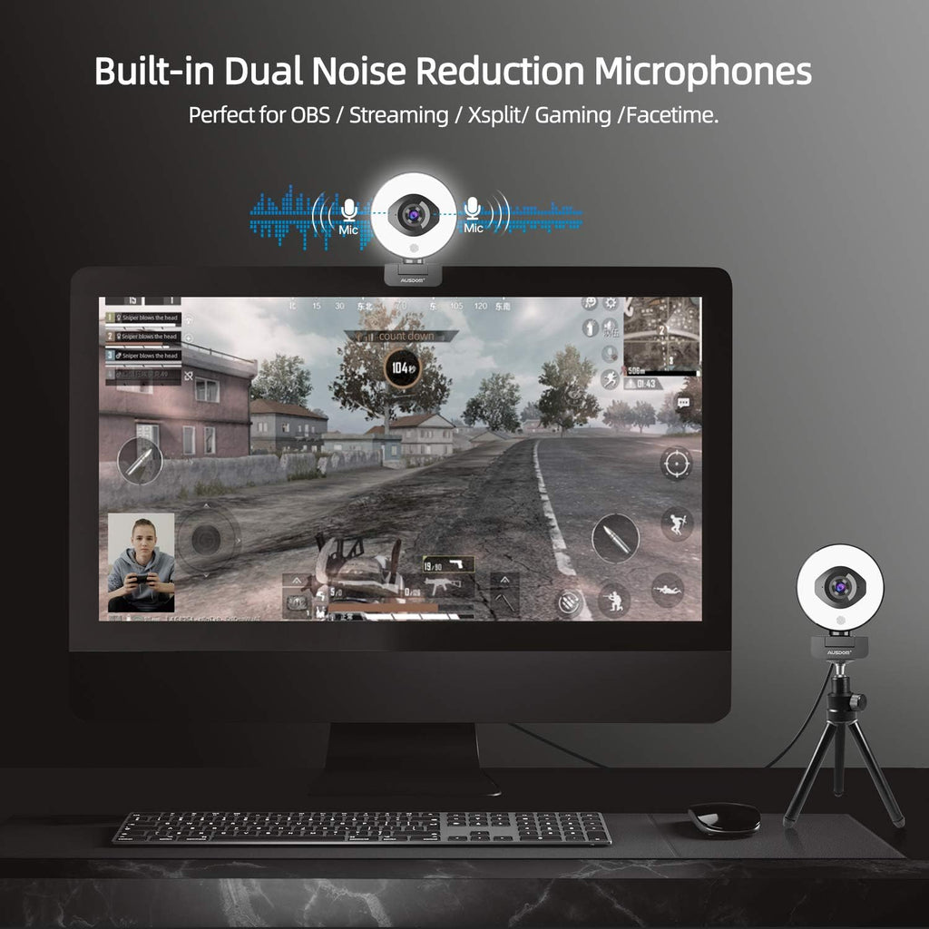 FHD 1080p 60fps Webcam with Ring Light, 75° FOV, Dual Microphones, External Tripod C623