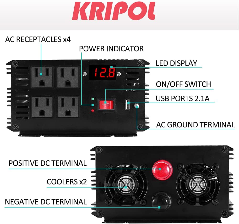 1500 Watt Pure Sine Wave Power Inverter 24v DC to 110/120v AC 60HZ with 4 AC and 1 USB Output C605