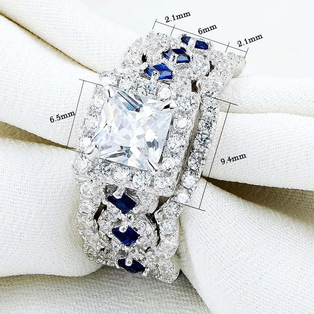925 Sterling Silver Princess White Cz Blue Engagement Ring Set 3pcs Size 4.5 J77735