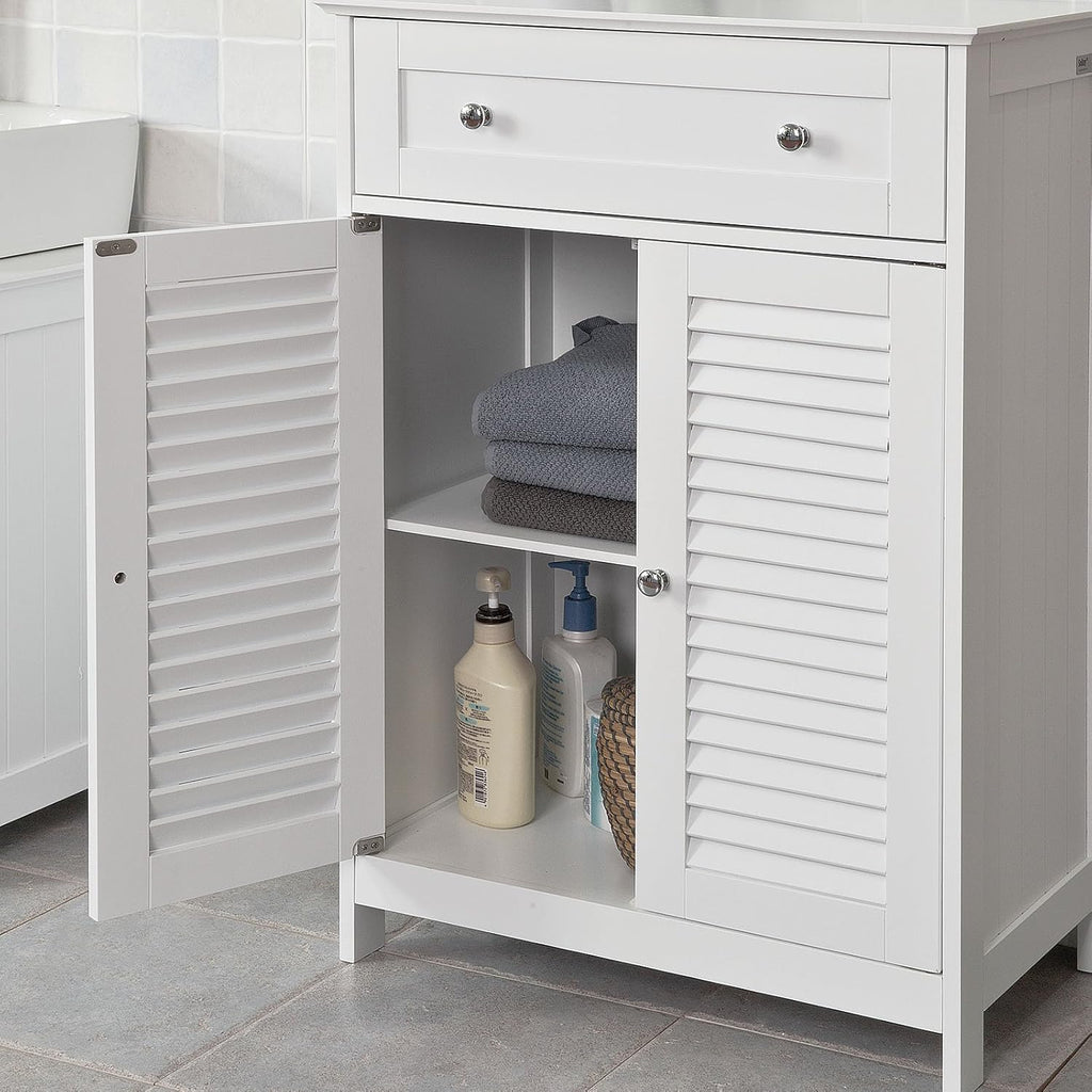 White Bathroom Storage Cabinet with Drawer and Adjustable Shelf M90491