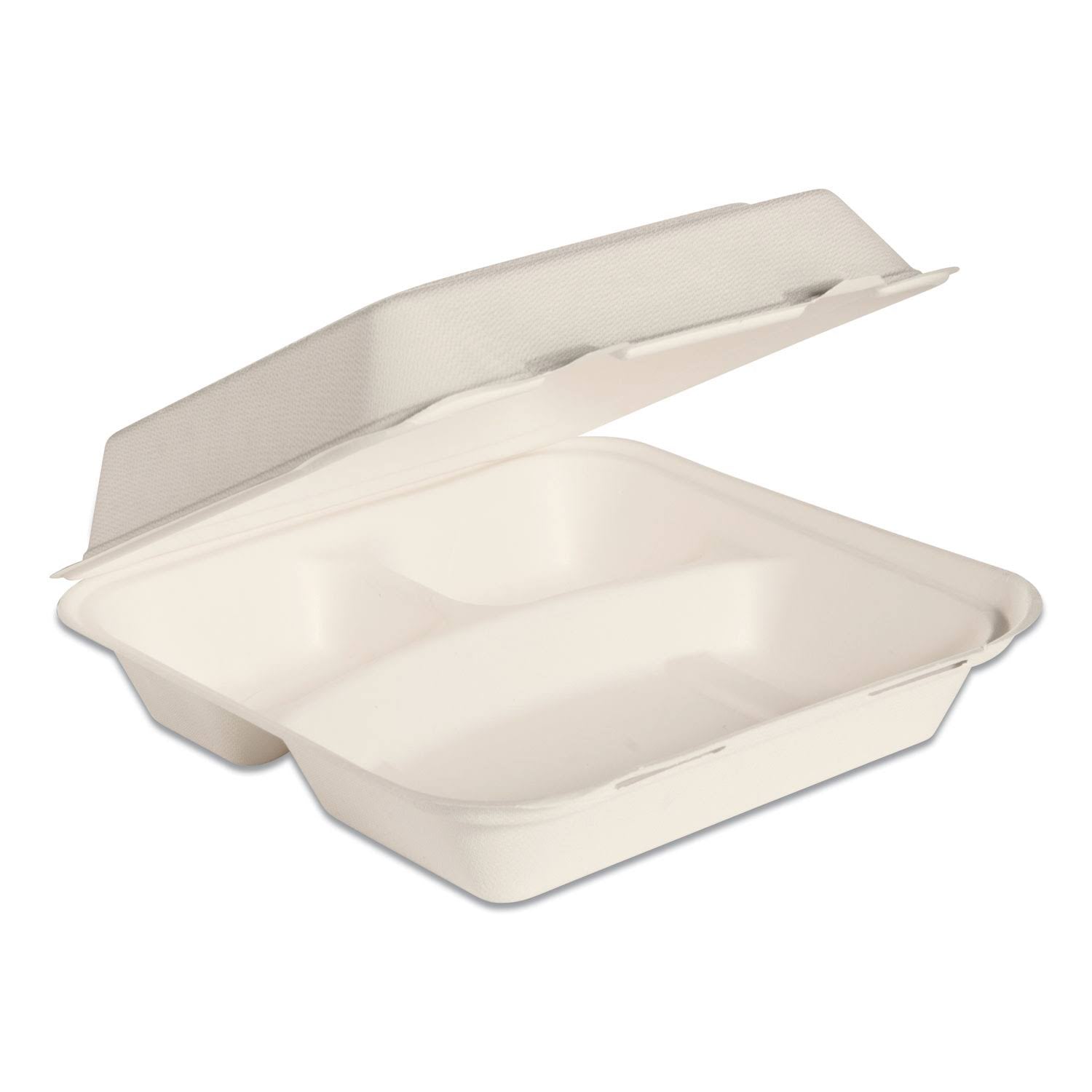 3-compartment Bagasse Hinged Lid Containers, Ivory, 200-carton U223519