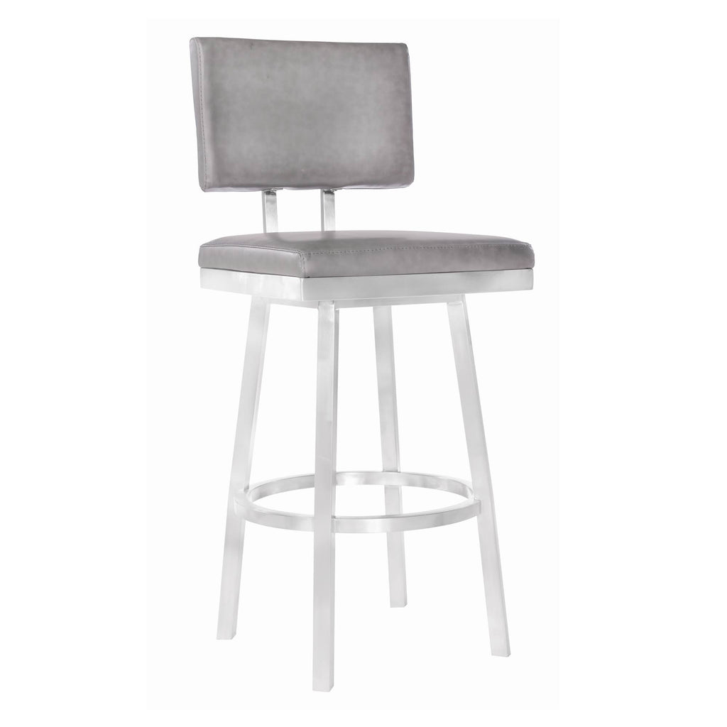 Bar Height Barstool in Brushed Stainless Steel and Vintage Grey Faux Leather E327