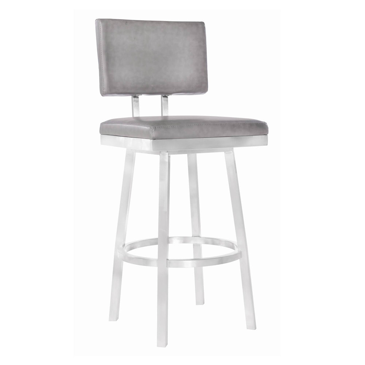 Bar Height Barstool in Brushed Stainless Steel and Vintage Grey Faux Leather E327
