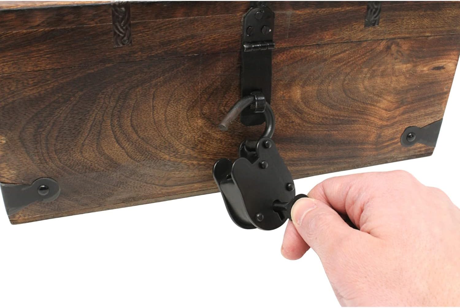 Treasure Chest Wooden Box with Antique Iron Lock and Skeleton Key G76183
