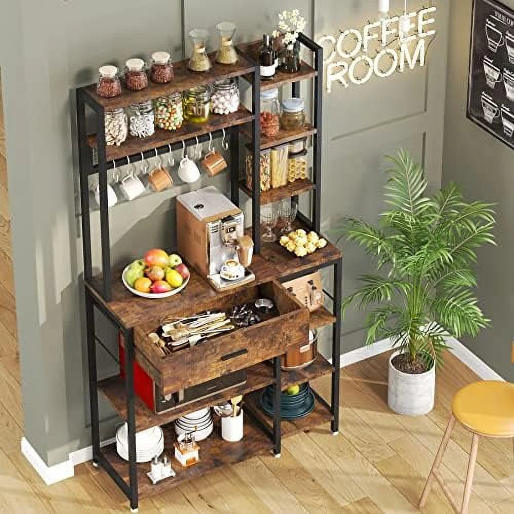 Baker's Rack with Drawer, 70.9 inch, 5-Tier+6-Tier Microwave Stand with 10 Hooks (Rustic Brown) L406579