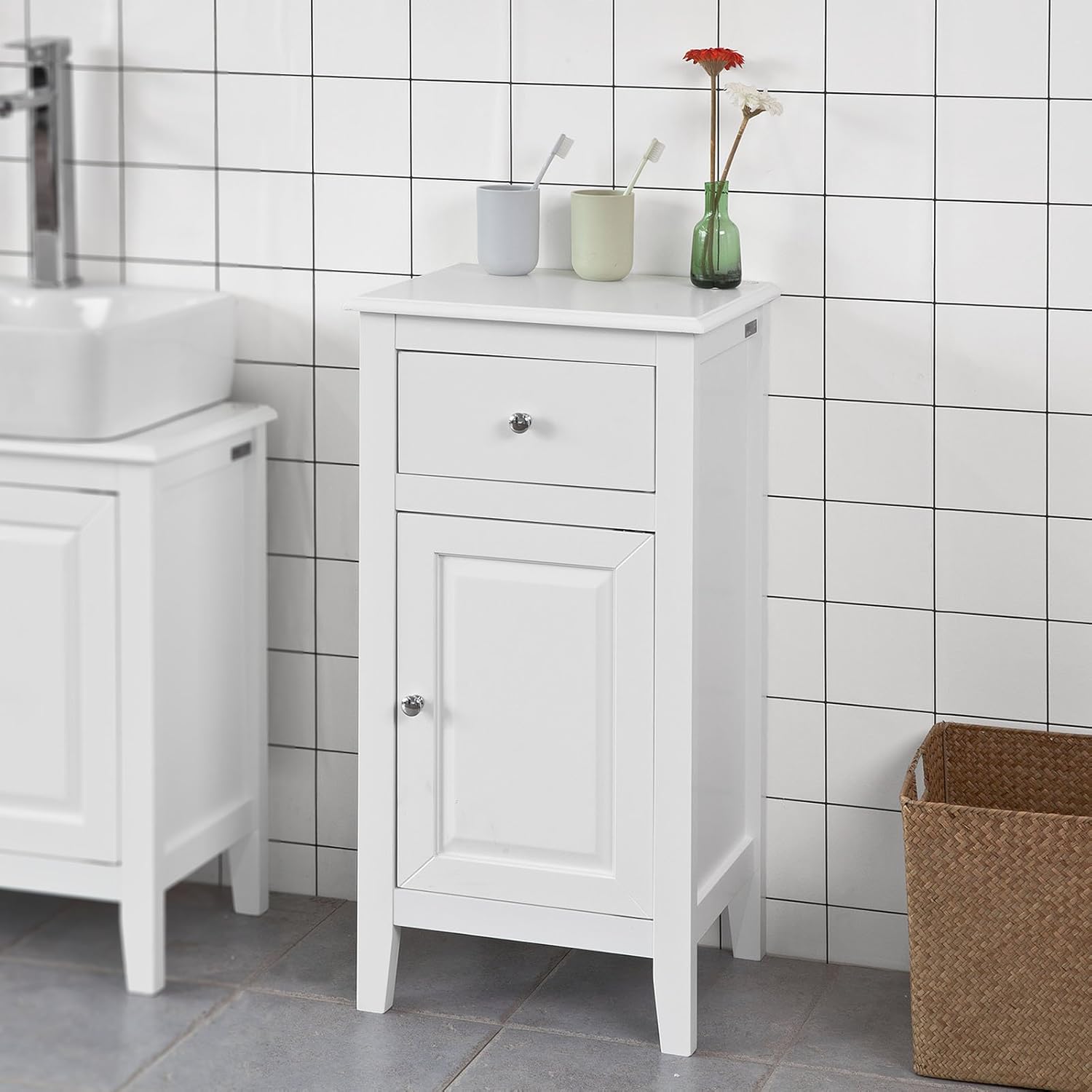 White Bathroom Storage Cabinet with Drawer and Adjustable Shelf M90491