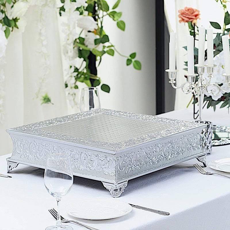 Silver Square Embossed Wedding Cake Stand Riser U595400