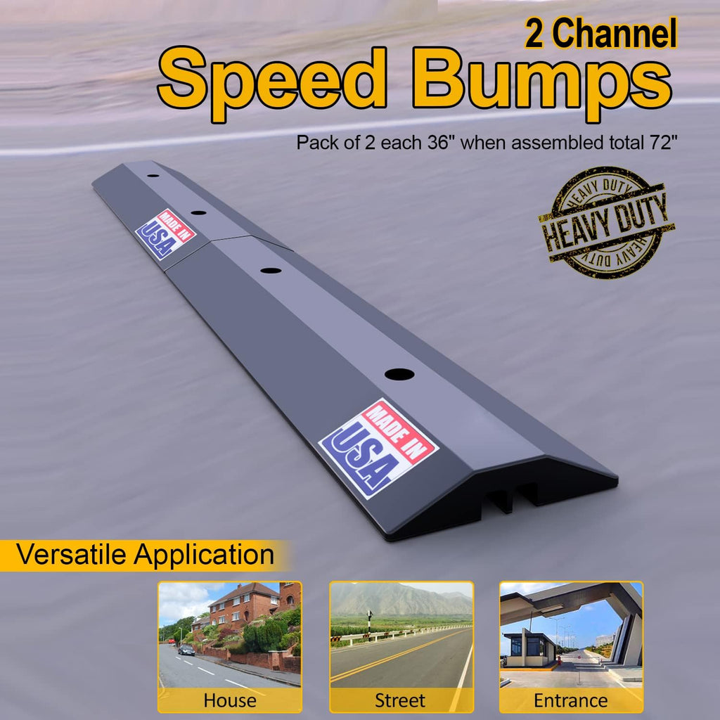 Bolt-Down Speed Bumps for Driveway Traffic, 2 Channel Cable Protector, Pack of 2 Y899
