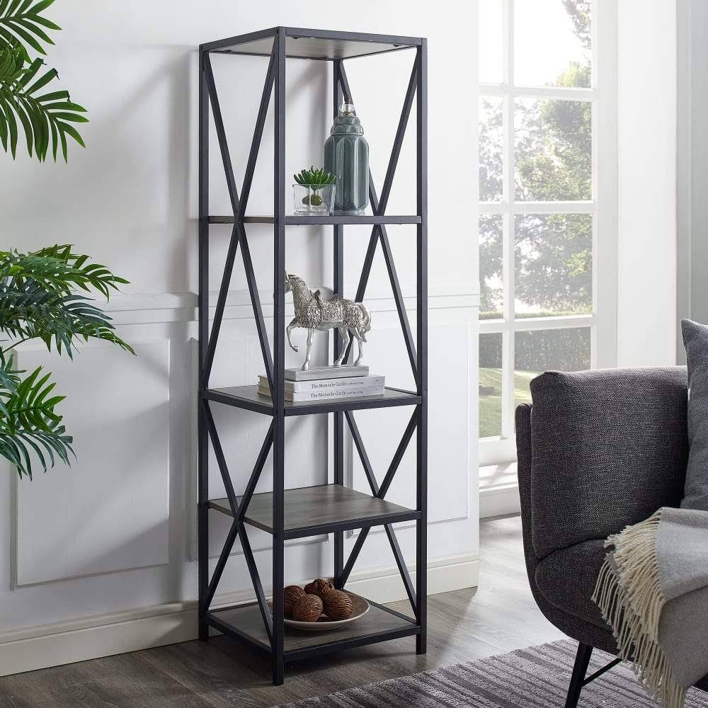 Tall X-Frame Metal and Wood Media Bookshelf A54883