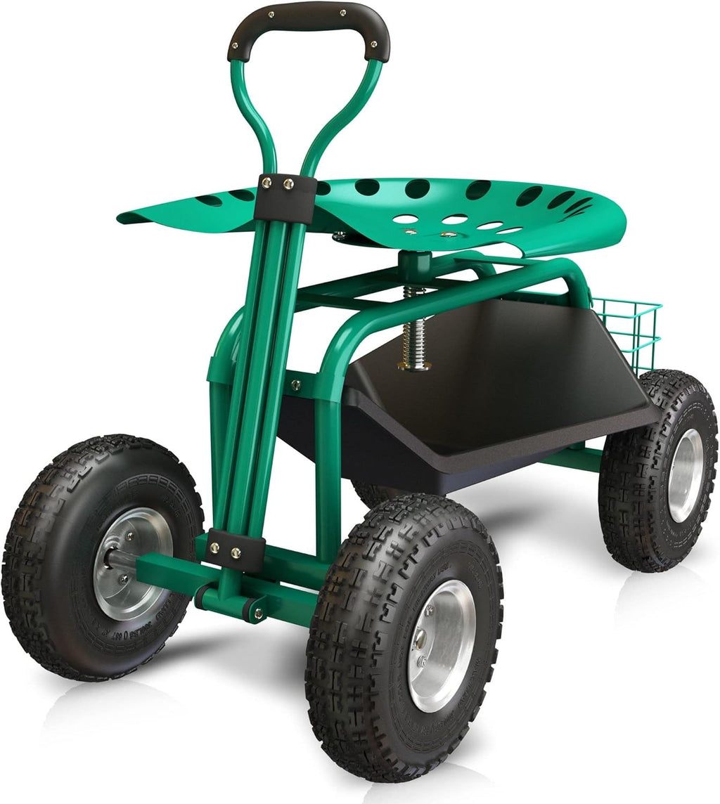 Garden Cart with Seat Rolling Gardening Cart with Large Wheels Basket Waterproof Cover N313