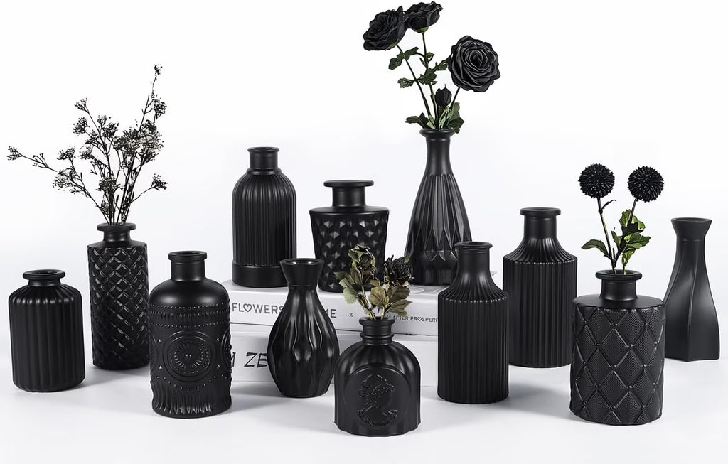 Set of 12 Green Black Glass Bud Vases Q503