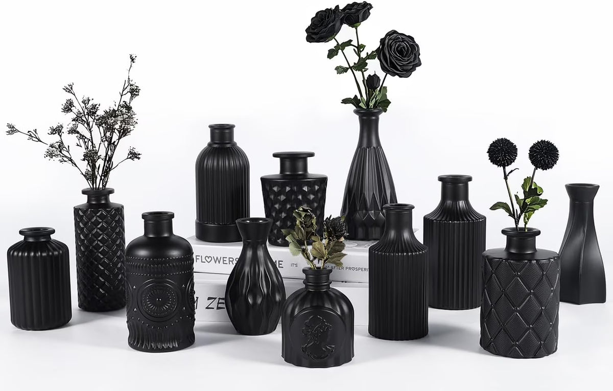 Set of 12 Green Black Glass Bud Vases Q503