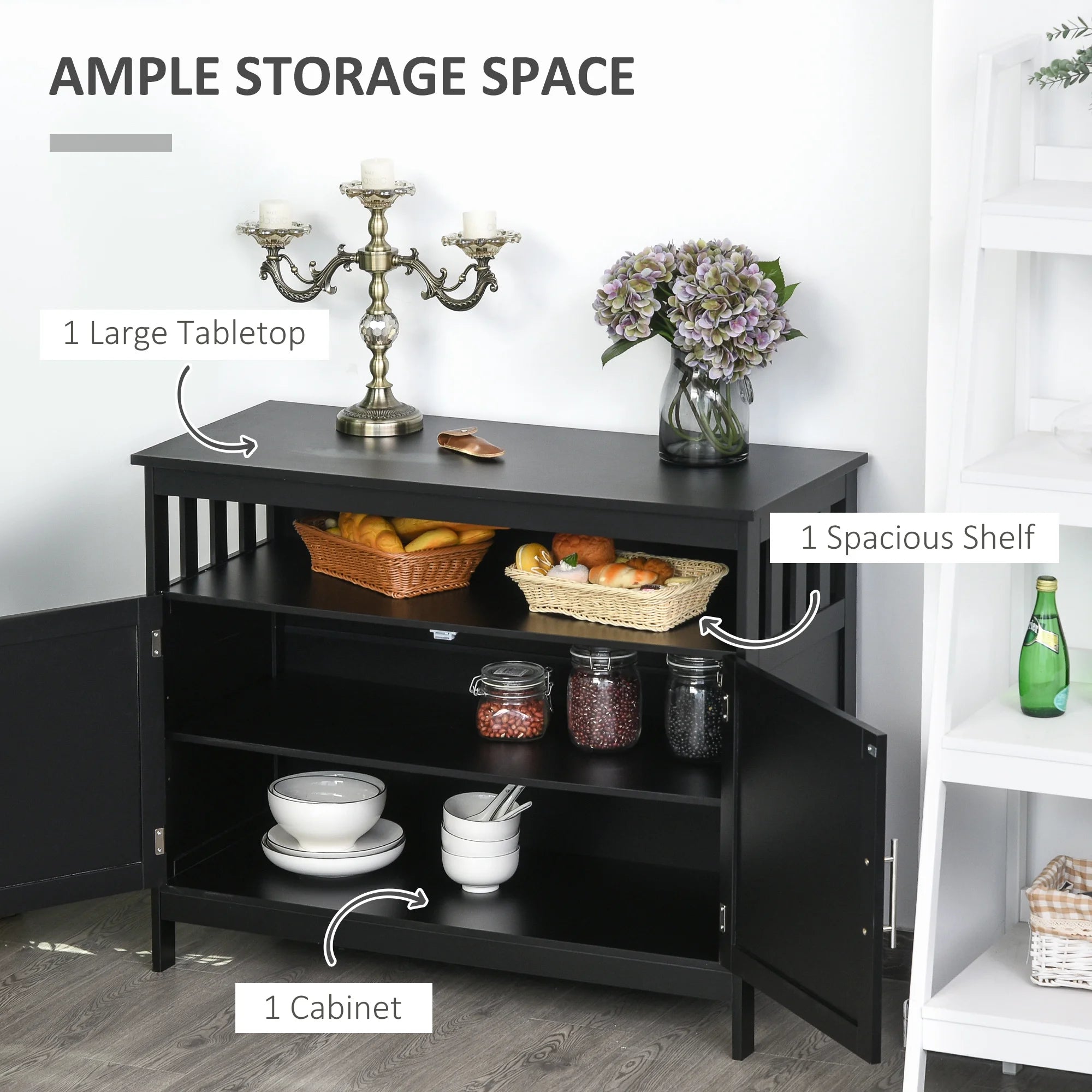 Black Wooden Kitchen Buffet Sideboard with Cabinet and Shelf F28038