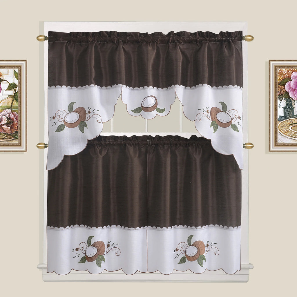 Coffee Embroidered 3-Piece Kitchen Curtain Tiers & Swag Set, 58x36 & 28x36 inches X750