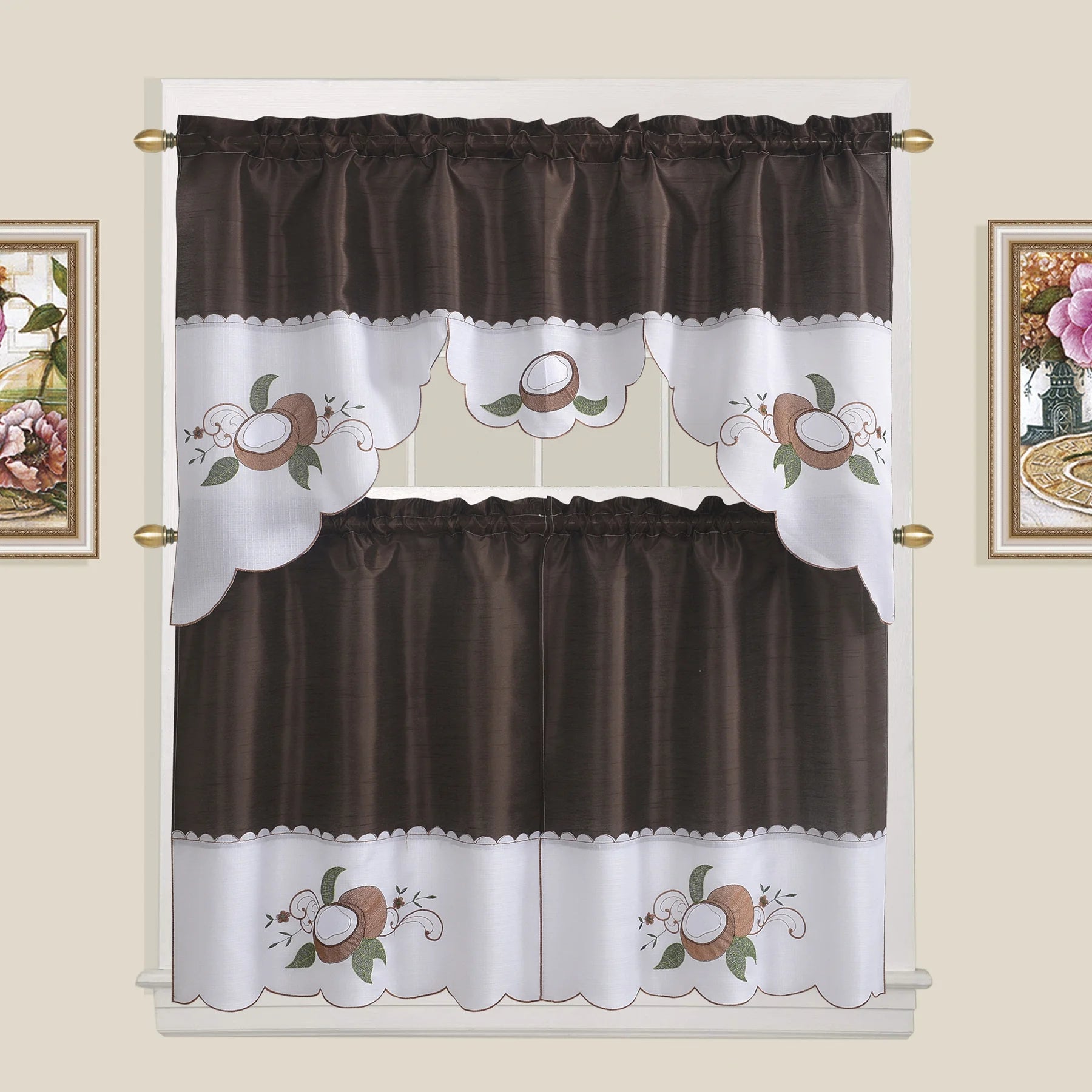 Coffee Embroidered 3-Piece Kitchen Curtain Tiers & Swag Set, 58x36 & 28x36 inches X750