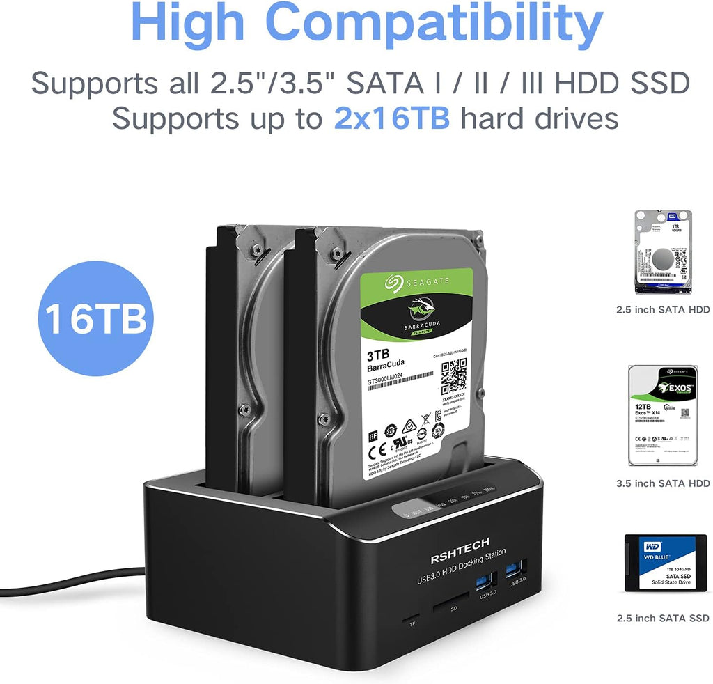 USB 3.0 Aluminum Dual Bay Hard Drive Dock with SD TF Card Reader Q507