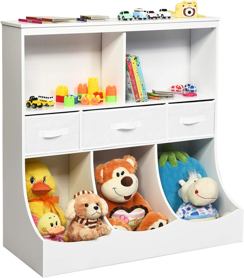 3-Tier Kids Bookcase Storage Organizer Cabinet Shelf with 8 Compartment Box and 3 Removable Drawers (White) G35315