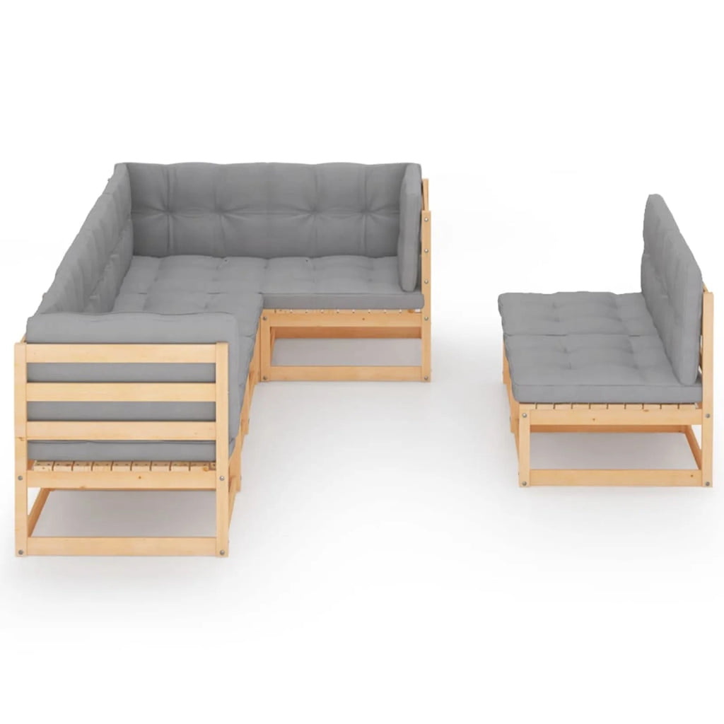 7 Piece Wood Garden Conversation Set Gray Cushioned Pinewood Sectional Sofa Set I24216