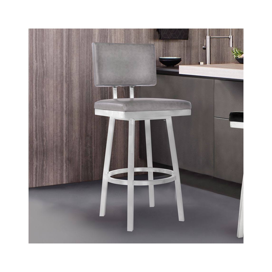 Bar Height Barstool in Brushed Stainless Steel and Vintage Grey Faux Leather E327