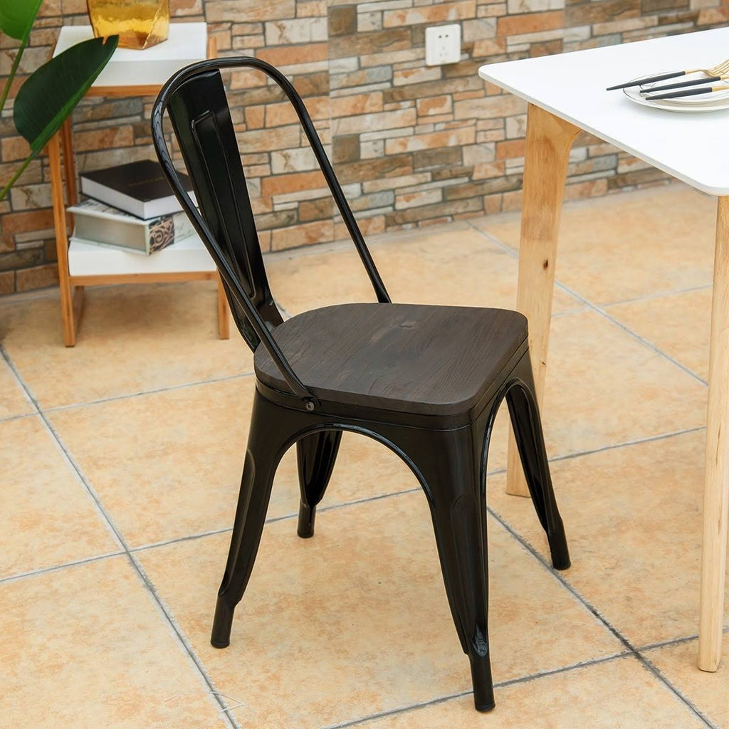 Black Metal Frame Wood Seat Stackable Bistro Dining Chair Set of 4 X747