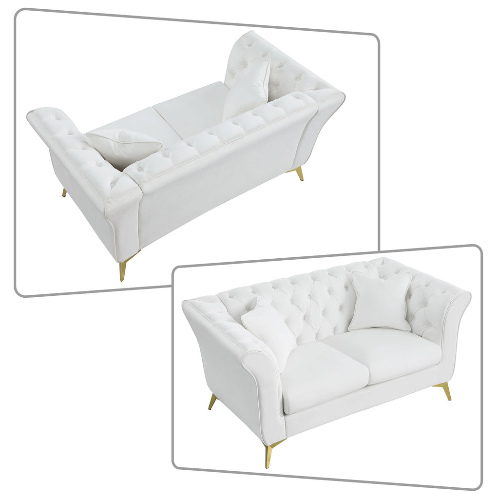 White Velvet Upholstered Loveseat Sofa with Button Tufted Design and Metal Legs B910