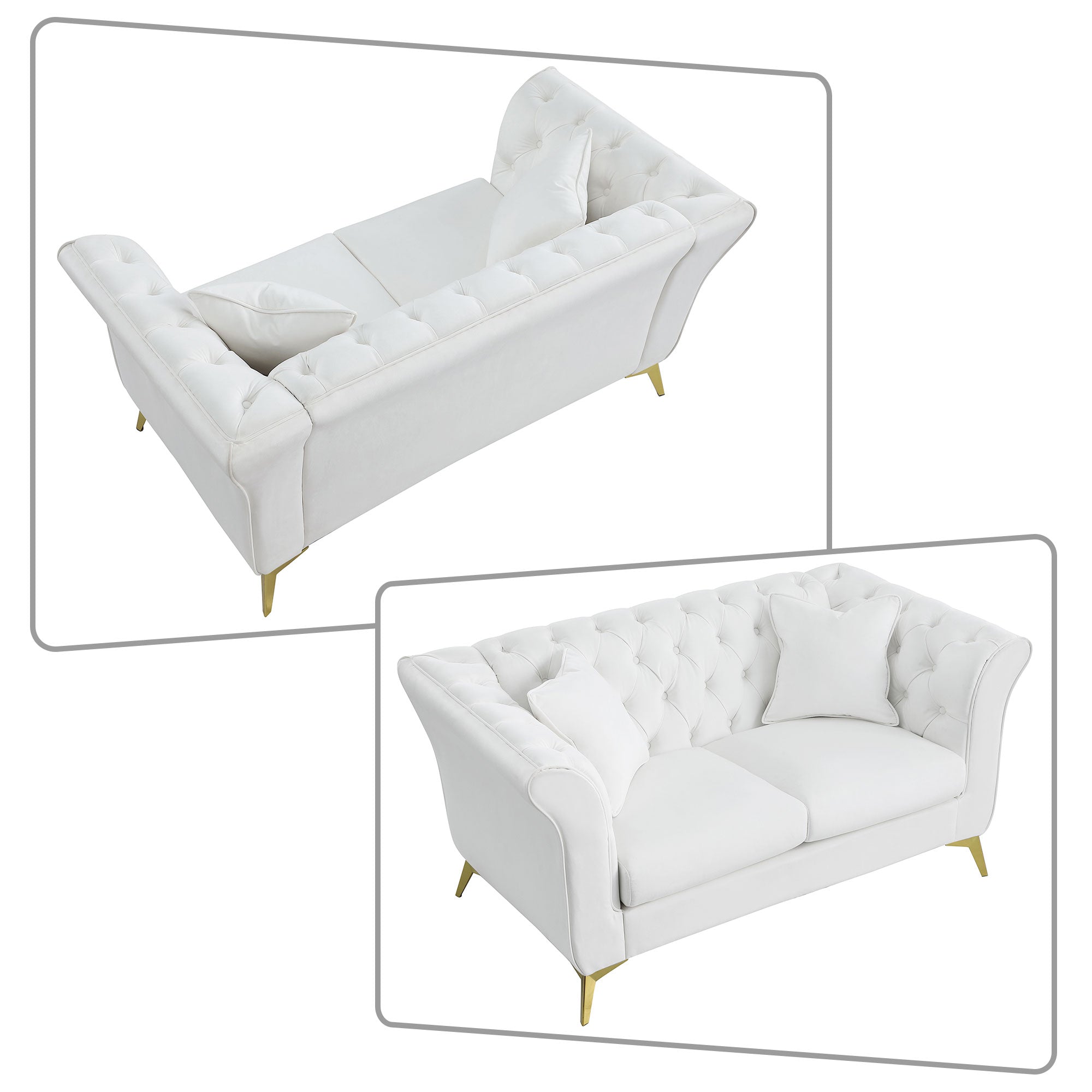 White Velvet Upholstered Loveseat Sofa with Button Tufted Design and Metal Legs B910