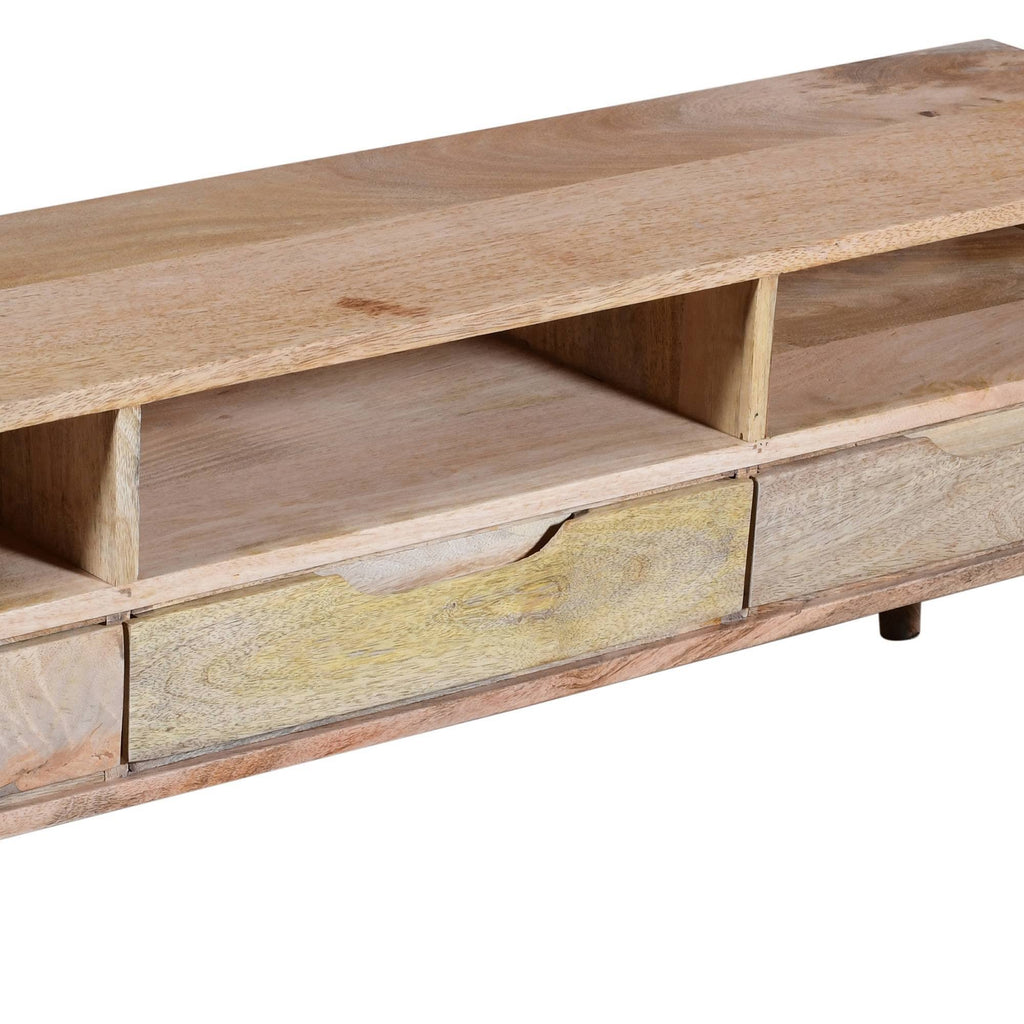 3 Drawer Mango Wood TV Media Cabinet with 3 Open Compartments in Oak Brown R905415