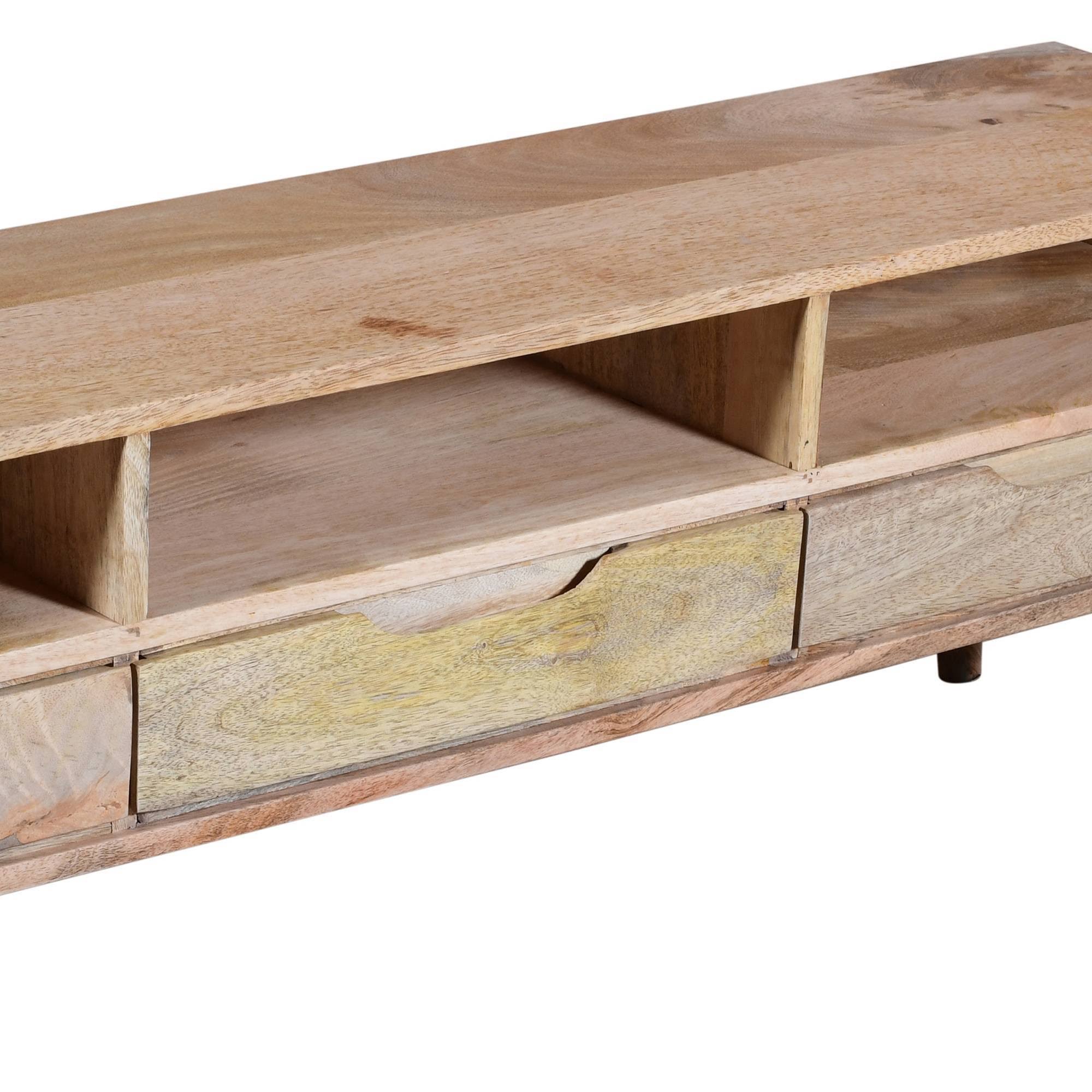 3 Drawer Mango Wood TV Media Cabinet with 3 Open Compartments in Oak Brown R905415