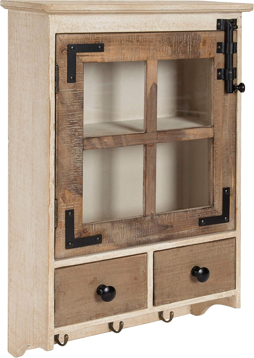 Rustic White Wood Wall Cabinet with Glass Door and 2 Drawers F1706