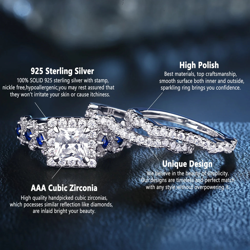 925 Sterling Silver Princess White Cz Blue Engagement Ring Set 3pcs Size 4.5 J77735