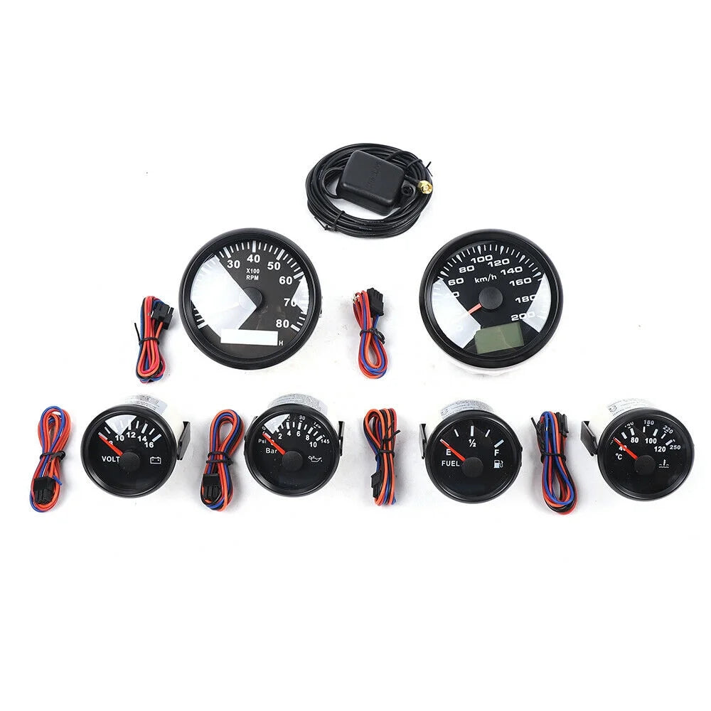 Black 6 Gauge Set Digital Speedometer Tacho Fuel Level Gauge Water Temp Volts Oil Pressure V245545