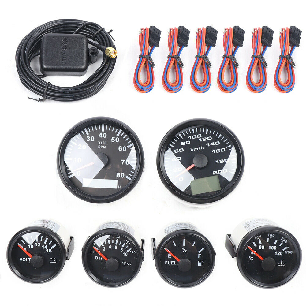 Black 6 Gauge Set Digital Speedometer Tacho Fuel Level Gauge Water Temp Volts Oil Pressure V245545