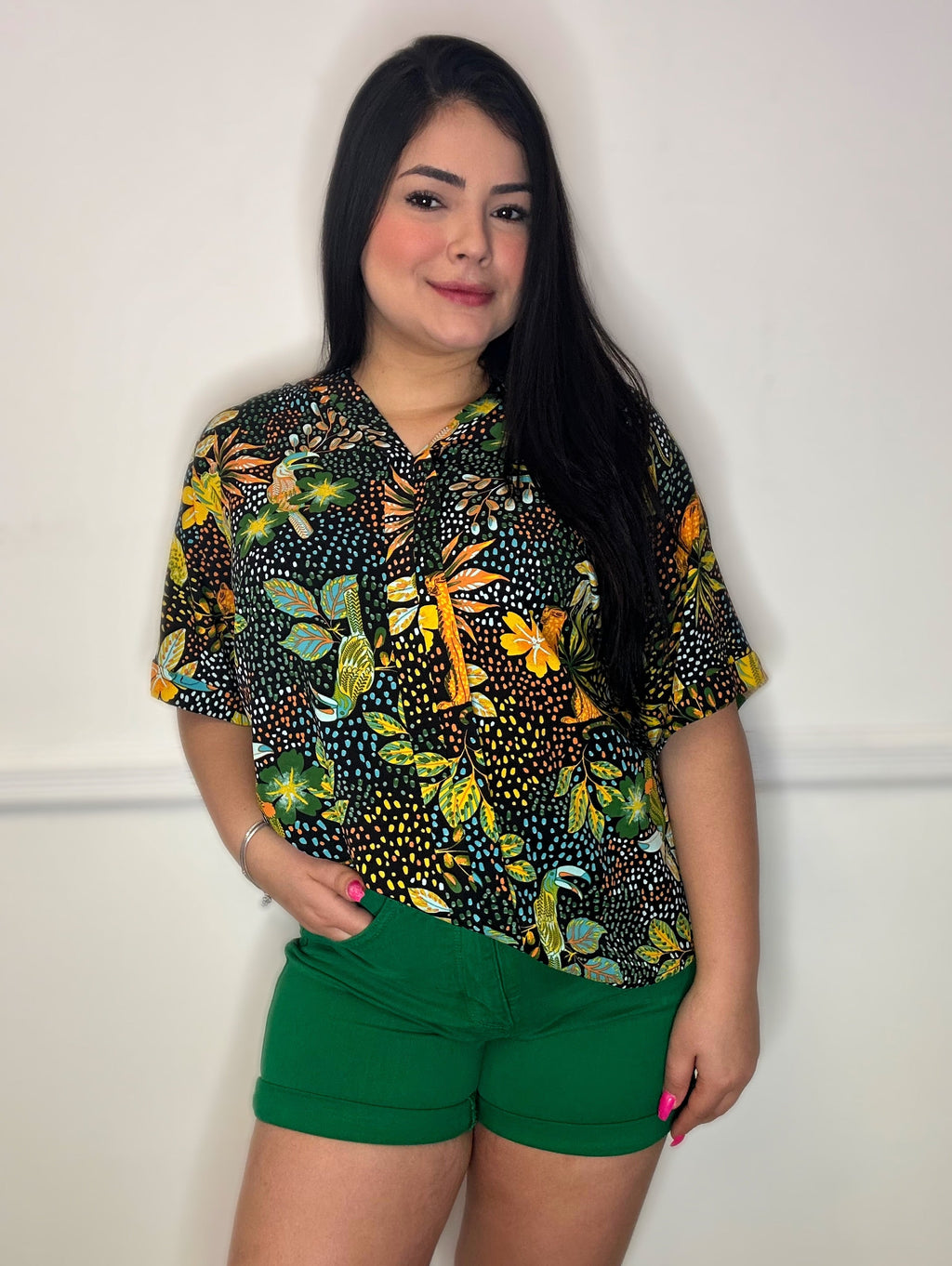 Print Collarless Short Sleeve Top