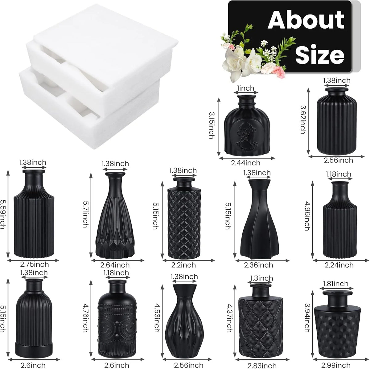 Set of 12 Green Black Glass Bud Vases Q503