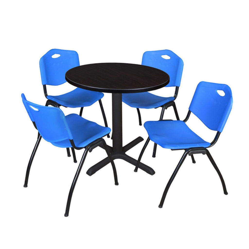 Mocha Walnut Round Breakroom Table and 4 Black Stack Chairs B463381
