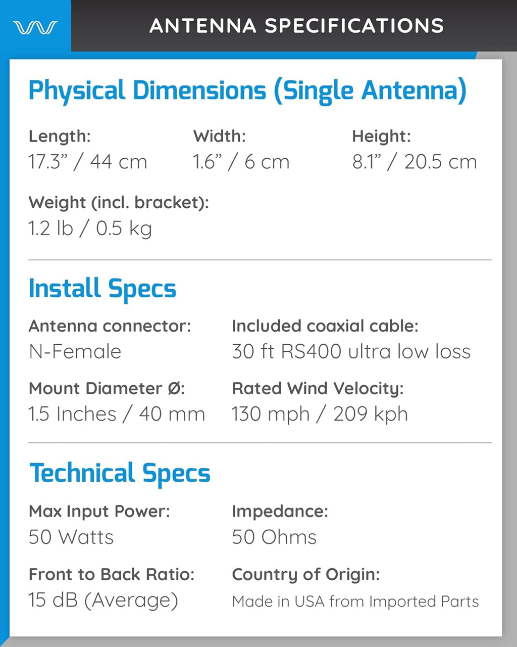 4G/5G Log Periodic Antenna Kit, +11 dBi gain 2x2 600-6000 MHz, Twin Cable A609335
