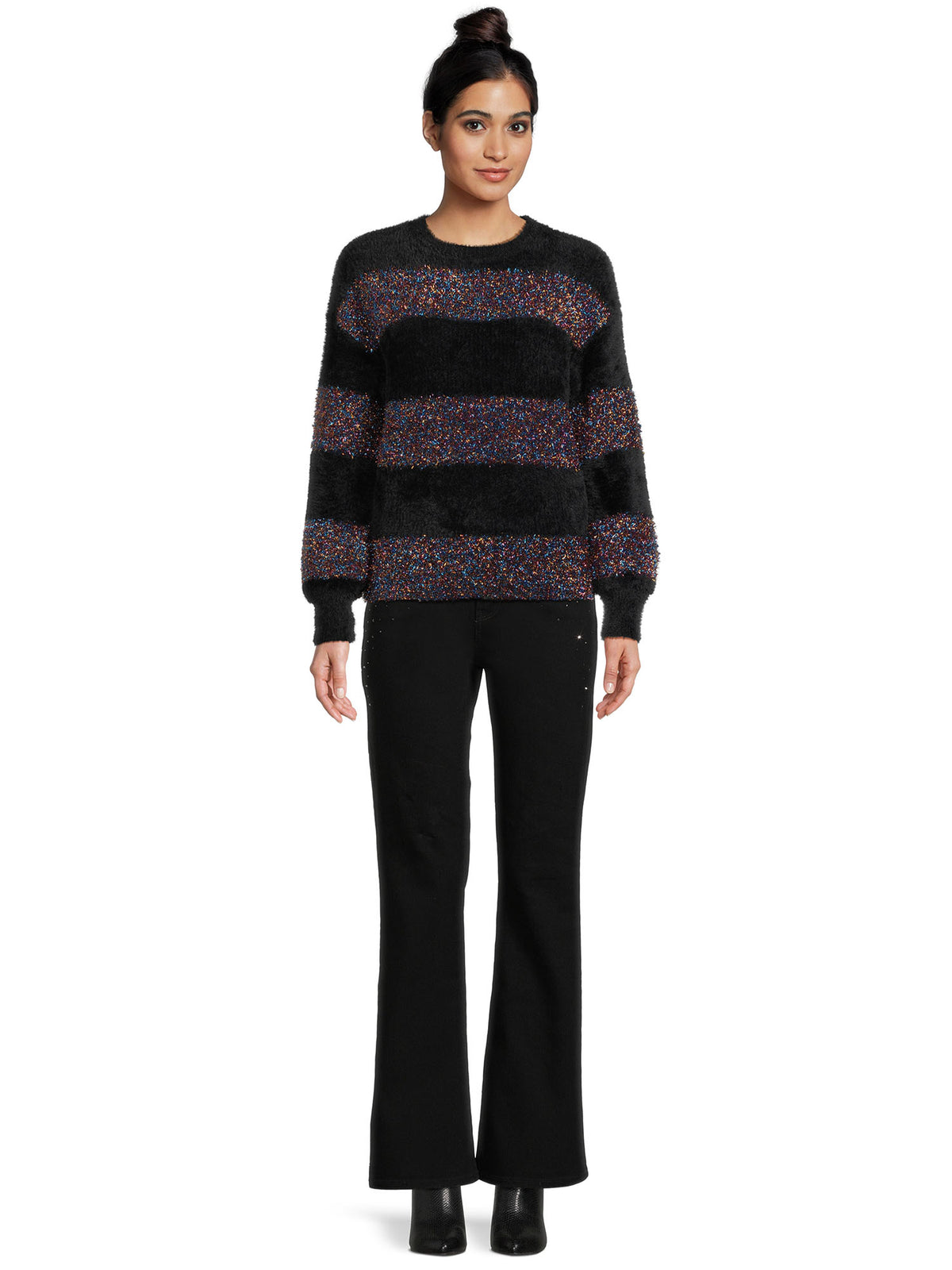 Metallic Stripe Pullover Sweater with Long Sleeves Y72347