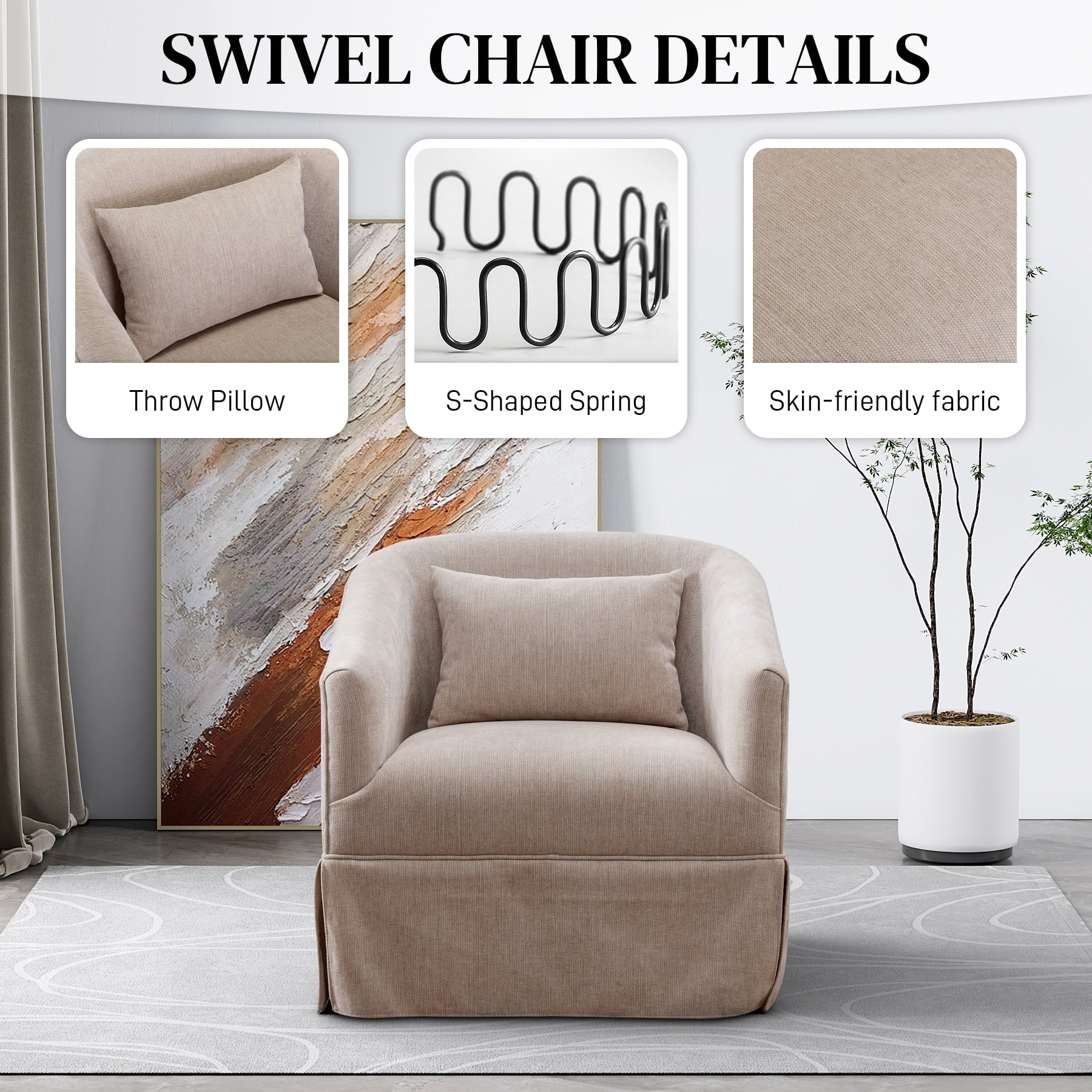 Upholstered Swivel Barrel Chair, Linen Fabric Accent Chair U880829