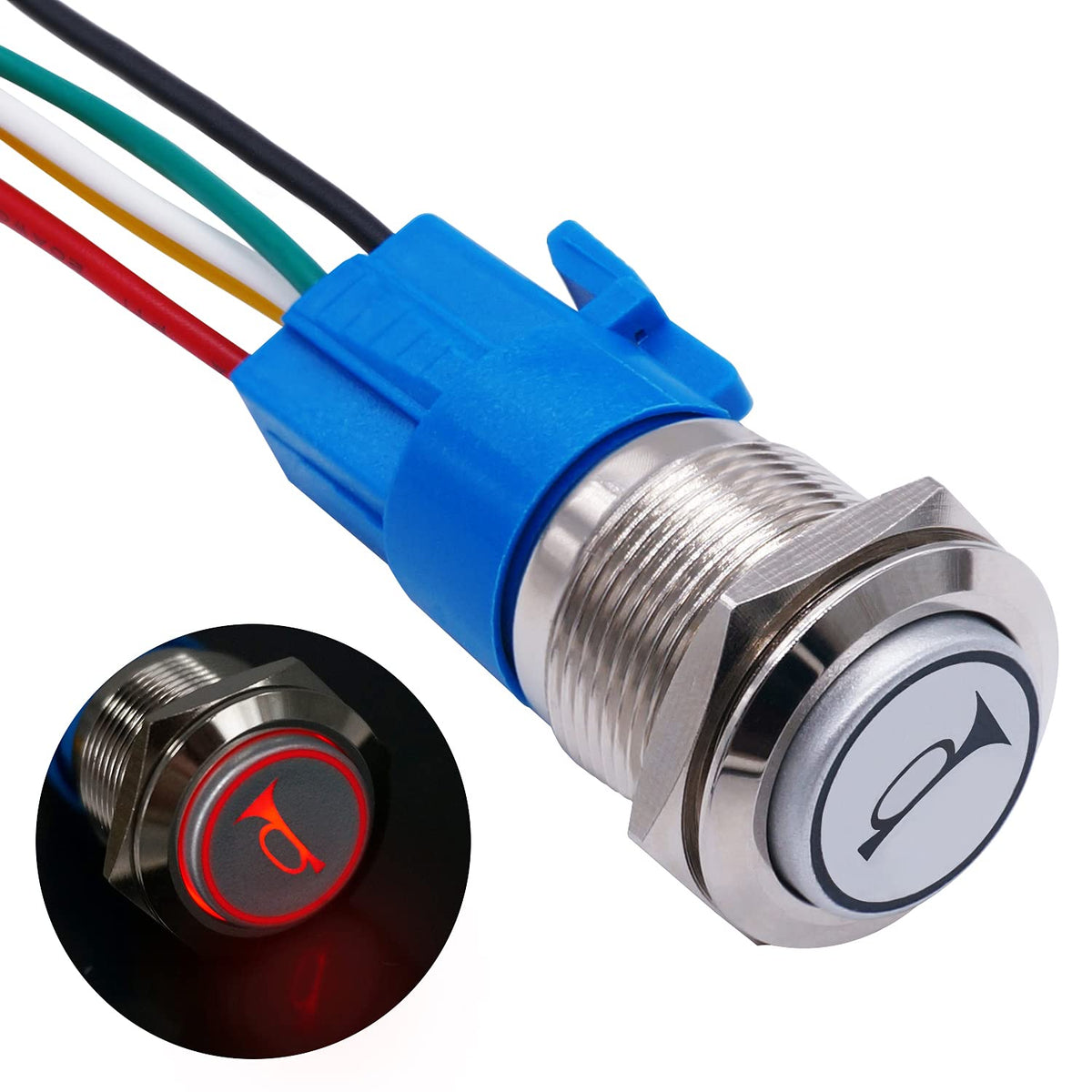 16MM 12V Car Horn Push Button Blue LED Lighted Momentary Metal Toggle Switch M99663
